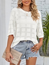 お買い得  単色-女性用 ニット カジュアル ソフト ピュアカラー リブ クルーネック ニット 七分袖 レギュラートップス ニット アウトドア 日常 週末 ホワイト ピンク 春 秋