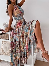 levne Boho šaty-Dámské Maxi šaty Volnočasové šaty Boho Chic šaty Boho šaty Čechy Roztomilý stylové Dovolená Denní Plážové Volný Grafika Bez rukávů Krk ohlávky Rubínově červená Vodní modrá Léto Jaro Podzim