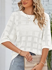 お買い得  単色-女性用 ニット カジュアル ソフト ピュアカラー リブ クルーネック ニット 七分袖 レギュラートップス ニット アウトドア 日常 週末 ホワイト ピンク 春 秋