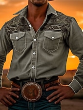 abordables camisas occidentales de los hombres-Hombre Tribal Impresión de pañuelo Camisa camisa occidental Manga Larga Camisa Cuello Vuelto Vintage Exterior Calle Casual Diario Rosa Rojo Azul S M L