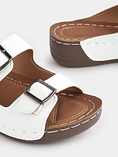 cheap Vacation Sandals-Women&#039;s Dark Blue Double Buckle Slip-On Sandals with Cushioned Sole, Casual Summer Shoes for Beach and Everyday Wear