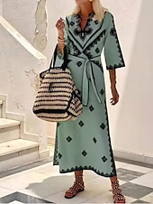 preiswerte Elegante Blumenkleider-Damen Maxidress Boho Chic Kleider A Linie Kleid Elegant Böhmen Kuschelig Urlaub Täglich Strand Regular Fit Graphic Halbe Ärmel V Ausschnitt Grün Beige Grau Herbst Winter