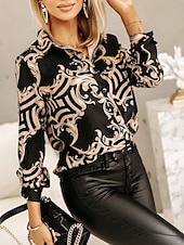 voordelige Vrouwen&#039;s Kunst &amp; Design Tops-Dames Overhemd Blouse Bloemig Grafisch Basic Casual Lange mouw Overhemdkraag Normale tops Dagelijks Knop Afdrukken Zwart Wit Blozend Roze Herfst Winter