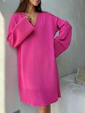 billiga Stickade klänningar-Dam Tröja Tröja klänning Ledigt Mjukt Ren färg Ribbad V-hals Stickat Långärmad Långa toppar Sticka Utomhus Dagligen Helgen Svart Fuchsia Höst Vinter