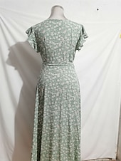 voordelige Casual bloemenjurken-Dames Maxi-jurk Casual jurk Boho chique jurken Bohemen leuke Style Stijlvol Flutter mouw Vakantie Dagelijks Strand Ruim Passend Grafisch Korte mouw V-hals Groen Donkerblauw Zomer Lente