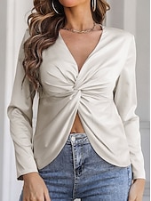 preiswerte Elegante Oberteile-Damen Hemd Bluse Feste Farbe Elegant Modern Brautkleider schlicht Langarm V Ausschnitt Normale Oberteile kleid hochzeitsgast Arbeit Täglich Verdrehter Knoten Schwarz Weiß Sommer Frühling