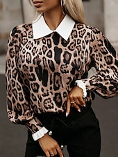 cheap Women&#039;s Work Tops-Women&#039;s Shirt Blouse Leopard Basic Casual Long Sleeve Shirt Collar Regular Tops Daily Print Brown Fall Winter