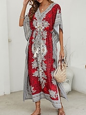 billiga Bohemklänningar-Dam Maxiklänning Vardagsklänning Boho Chic klänningar Boho-klänning bohemliv söt stil Stylish Semester Dagligen Strand Lös passning Grafisk Kortärmad V-hals Rubinrött Blå Sommar Vår Höst