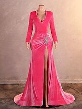 preiswerte Rosa-Meerjungfrau/Trompete Abendkleid elegantes Kleid Abend Party Verlobung Hofschleppe Langarm V-Ausschnitt Samt mit Schlitz Applikationen 2025