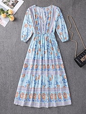abordables Robes Bohémiennes-Femme Robe Maxi Robe casual Robes bohème chic Robe Trapèze robe boheme Bohême Le style mignon mode Vacances du quotidien Plage Ample Graphic Manches 3/4 Col V Rose Claire Bleu Abricot Printemps