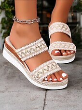 cheap Vacation Sandals-Women&#039;s Bohemian Wedge Sandals – Colorful Embroidered Slip-On Platform Shoes for Summer, Beach, and Casual Wear