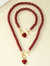 preiswerte Halskette für Damen-Set aus Halskette und Armband aus roten Perlen für Damen mit Herzanhänger, goldfarbenem Verschlussdesign, eleganter Schmuck als Geschenk zum Valentinstag, für Hochzeiten und besondere Anlässe