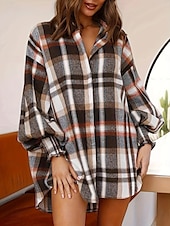 preiswerte Damen Arbeitsoberteile-Damen Hemd Bluse Plaid Basic Brautkleider schlicht Langarm Hemdkragen Normale Oberteile Täglich Patchwork Knopf Rote Herbst Winter
