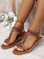 billiga Semester Sandaler-bruna flätade platta sandaler med t-rem för kvinnor med elastiskt ankelband - sommarskor i boho-stil för strand- och fritidskläder