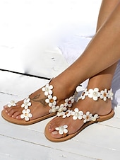 billige Uformelt-flate boho-bryllupssandaler for kvinner med tusenfryd blomster- og perlepynt – komfortable brudesko for strandbryllup og sommerfeiringer