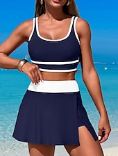 billiga Bikiniset-Dam Badkläder Bikini 2 st Kjol Baddräkt Öppen rygg Smal Semester Standkläder Ensfärgat U-hals Ärmlös Baddräkter