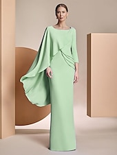 preiswerte Bodenlänge-Kleid  Kolonne Kleid Brautmutter Kleid Formell Elegantes Juwelenhals Bodenlang Chiffon Lange Ärmel mit Applikationen Einfarbig