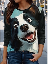 ieftine Tricou cu animale-Pentru femei Tricou Câțel Casual Manșon Lung Stil Nautic Topuri obișnuite Zilnic Imprimeu Negru Primăvară Toamnă