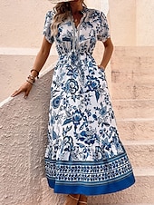 preiswerte Ausgefallene Kleider-Damen Maxidress Casual kleid Schaukelkleid A Linie Kleid Boho-Kleid Brautkleider schlicht Täglich Regular Fit Blumen Halbe Ärmel V Ausschnitt Blau Sommer Frühling