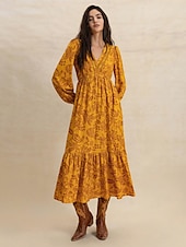 levne Boho šaty-Dámské Maxi šaty Volnočasové šaty Boho šaty s dlouhým rukávem Boho šaty Na běžné nošení Cikánský Nahoře nabírané Domů Práce Denní Běžný Grafika Geometrický Dlouhý rukáv Do V Žlutá Hnědá Léto Jaro
