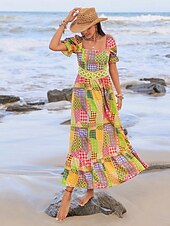 olcso Vakációs ruhák-női alkalmi ruha grafikus geometriai patchwork print pánt nélküli puffos ujjú hosszú ruha maxi ruha alkalmi otthoni munka rövid ujjú nyár ősz