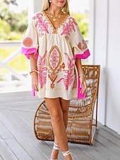 tanie Sukienki boho-Damskie Sukienka mini Codzienne sukienki Sukienka Boho Bohema Zabytkowe Codzienny Urlop Codzienny Regularny Kwiaty Rękaw 3/4 W serek Fuksja Pomarańczowy Zielony Wiosna Jesień