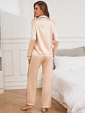 billige Nattøy og hjemmeklær for damer-Dame Pyjamas Sett Fritid Komfort Ren farge Elastisk midje Cardigan Bukse Hjem Daglig Langermet Knaphul Champagne Høst Vinter Skreddersydd