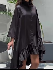 ieftine Rochii tip cămașă-Pentru femei Rochie albă Rochii Midi Bufantă Peteci Casual Guler de stand Manșon Lung Negru Alb Culoare