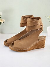 cheap Vacation Sandals-Women&#039;s Khaki Faux Suede Wedge Sandals with Peep-Toe and Wraparound Ankle Straps - Comfortable Summer Shoes for Casual and Beach Wear