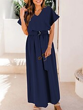 levne Květinové šaty-Dámské Maxi šaty Swingové šaty Elegantní šaty Elegantní stylové Na běžné nošení Dovolená Denní Volný Bez vzoru Krátký rukáv Do V Černá Světlá růžová Námořnická modř Léto