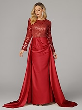 preiswerte Sekt-Meerjungfrau Abendkleid Elegantes Kleid Karneval Maskerade bodenlang langärmlig Illusions-Ausschnitt Champagner Brautmutter Kleid Satin mit Perlen Überrock