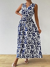 baratos Vestidos Florais Elegantes-vestido longo feminino floral com decote em v sem mangas verão primavera