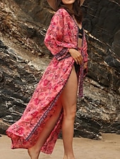 preiswerte Kleider für die Ferien-Damen Blumen V-Ausschnitt Maxikleid Langarm Sommer Frühling