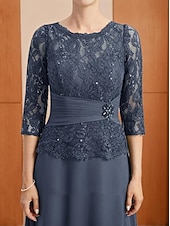 billiga Golvlängd-A-Line Klänning Brudens Mor Klänning Elegant Fest Ädel Halsringning Golvlängd Chiffon Spets 3/4 Längd Ärmar med Spetsapplikationer