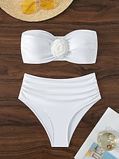 baratos Conjuntos de Bikini-Maiô Biquíni Feminino 2 Peças Com Arame Cintura Alta Slim Costas Nuas Moda de Férias Praia Cor Sólida Sem Alças Sem Mangas