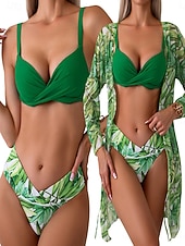 Недорогие Бикини-Жен. Купальники Три части Шорты купальник Открытая спина Пэчворк Отпуск тропический Цветочный принт Графика Длинный рукав Купальники