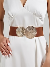 cheap Women&#039;s Belt-Women&#039;s Elastic Waist Belt with Gold Circle Buckle - Fashionable Wide Stretch Belt for Dresses, Casual and Formal Occasions