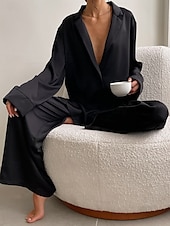 ieftine Seturi noapte pentru femei-Pentru femei Set pijama Casual Confortabili Culoare pură Butonul sus Talie elastică Cămașă Pantaloni Casă Zilnic Manșon Lung Guler Cămașă Negru Trifoi Vară Primăvară Toamnă Fit regulat