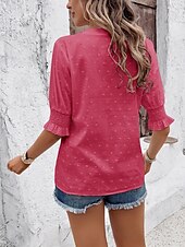 preiswerte Spitzenoberteile-Damen Hemd Bluse Feste Farbe Basic Brautkleider schlicht Halbe Ärmel Gekerbter Hals Normale Oberteile Täglich Bestickt Weiß Rosa Grün Sommer Frühling &amp; Herbst