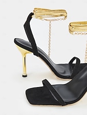 cheap Dress Sandals-Women&#039;s Black Suede Stiletto Heels with Gold Wrap-Around Ankle Straps and Square Toe – Sexy High Heel Sandals for Parties and Evening Events