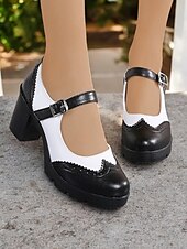 olcso Block Heels-női kék-fehér mary jane vaskos sarkú cipő brogue részletekkel, vintage stílusú kényelmes pumpák irodába, bulikba és mindennapi viseletre