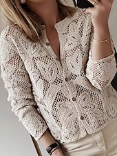 billige Blonder topper-Dame Bluse Helfarge Grunnleggende Fritid Langermet Crew-hals Vanlige topper Daglig Uthult Knapper Kakifarget Høst Vinter