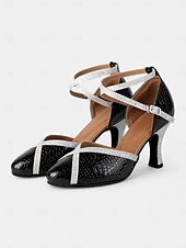 cheap Latin Shoes-Black and Gold Crocodile Pattern Dance Shoes for Women with Glitter Strap and Mid Heel - Perfect for Ballroom and Latin Dancing