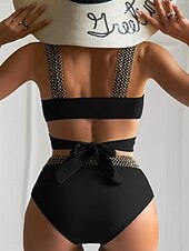 tanie Zestawy bikini-Damskie Stroje kąpielowe Bikini 2 szt Bezczelny Kostium kąpielowy Odkryte plecy Szczupła Urlop Stroje plażowe Jednokolorowe Dekolt w kształcie litery U Bez rękawów Kostiumy kąpielowe