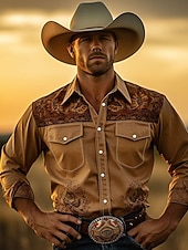 abordables camisas occidentales de los hombres-Hombre Tribal Impresión de pañuelo Camisa camisa occidental Manga Larga Camisa Cuello Vuelto Vintage Exterior Calle Casual Diario Rosa Rojo Azul S M L