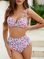 billiga Bikiniset-Dam Badkläder Bikini 2 st Kalsonger Baddräkt Öppen rygg Smal Hög midja Semester Standkläder Blommig Halterneck Ärmlös Baddräkter