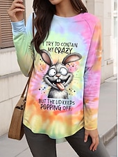 billige Tie Dye og Gradient t-skjorte-Dame T skjorte Dyr Batikkfarget Fritid Langermet Crew-hals Lange topper Daglig Trykt mønster Rosa Høst Vinter