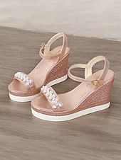 preiswerte Lässige Sandalen-Silberne Damen-Keilsandaletten mit Perlenverzierung und Fesselriemchen, elegante Plateauschuhe für Hochzeiten, Partys und besondere Anlässe