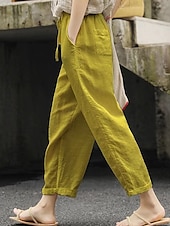 abordables Pantalon uni en coton et lin-Femmes Short en coton et lin Pantalon inspiré du lin Pantalon en coton et lin Simple Classique &amp; Intemporel Longueur complète Taille haute Couleur Unie Patchwork Avec Poches Cordon de serrage