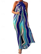 tanie Drukuj kwiatowe sukienki-Damskie Normalny Sukienka maxi Sukienki w stylu boho Bohema Plaża Regularny Graficzny Bez rękawów Kantarka Niebieski Lato
